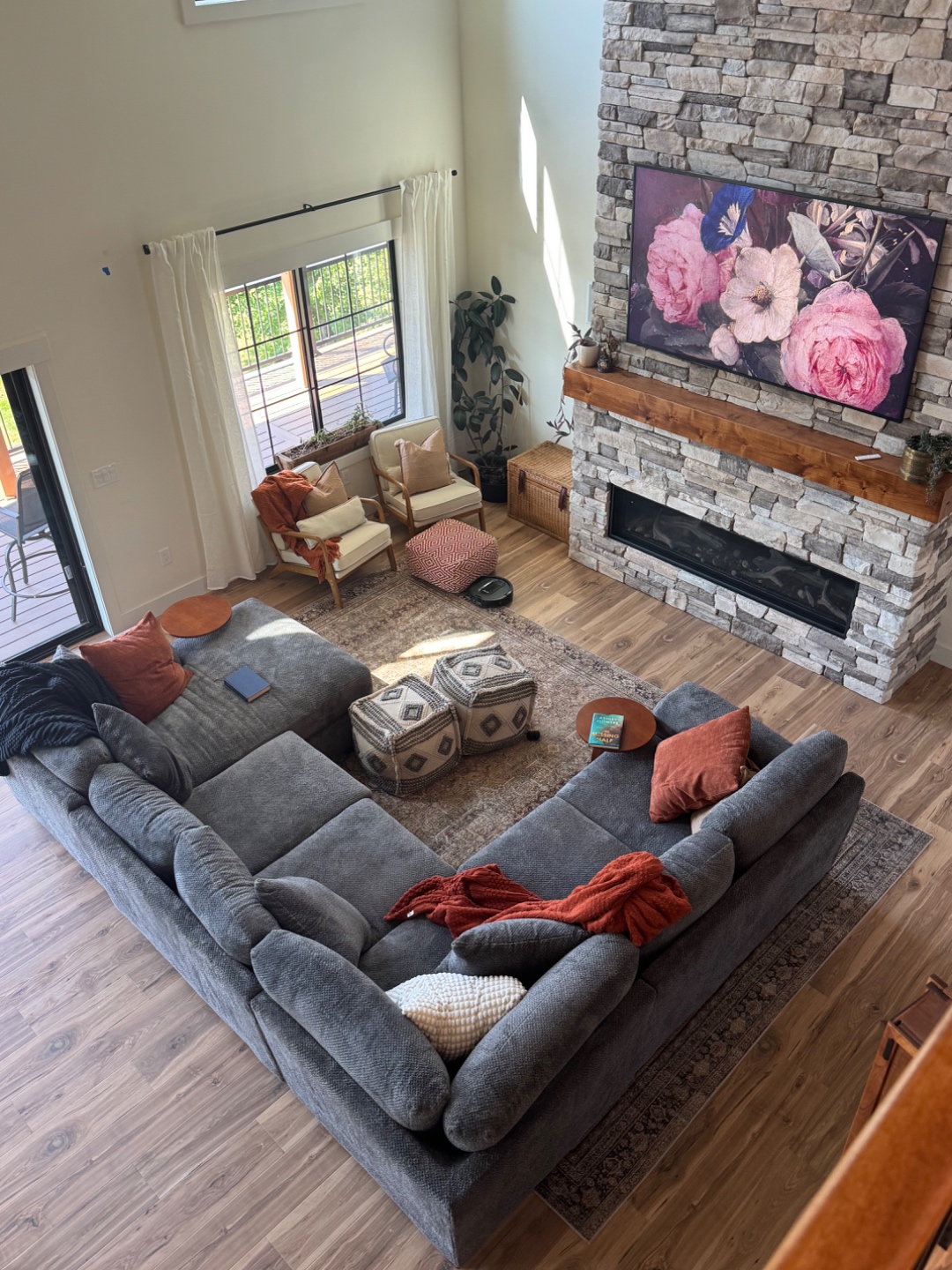 Newport River House — stone fireplace great room